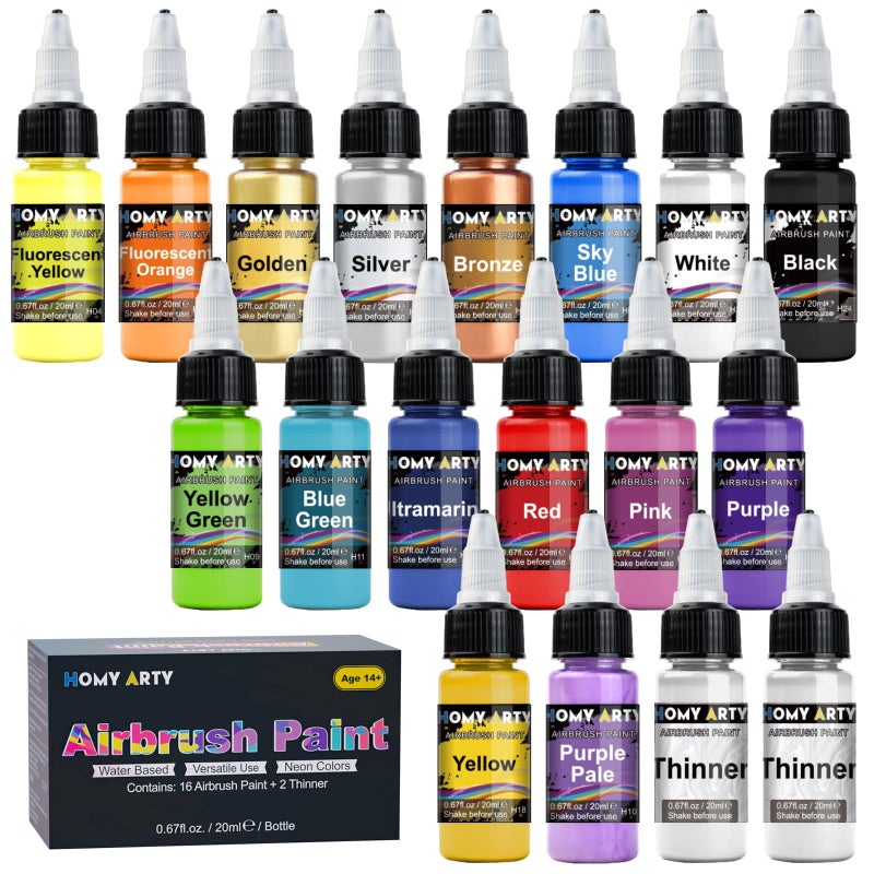 HOMY ARTY Airbrush Paint - 16 Colors with 2 Thinner, Ready to Spray, Water-Based, Acrylic Air Brush Paints for Metal, Plastic Models, Canvas, Wood - 18 Bottles - Image 1